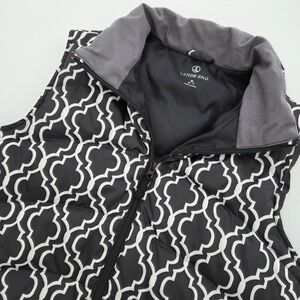 Lands End Womens Down Puffer Vest Black White Quatrefoil Geometric Size M 10-12